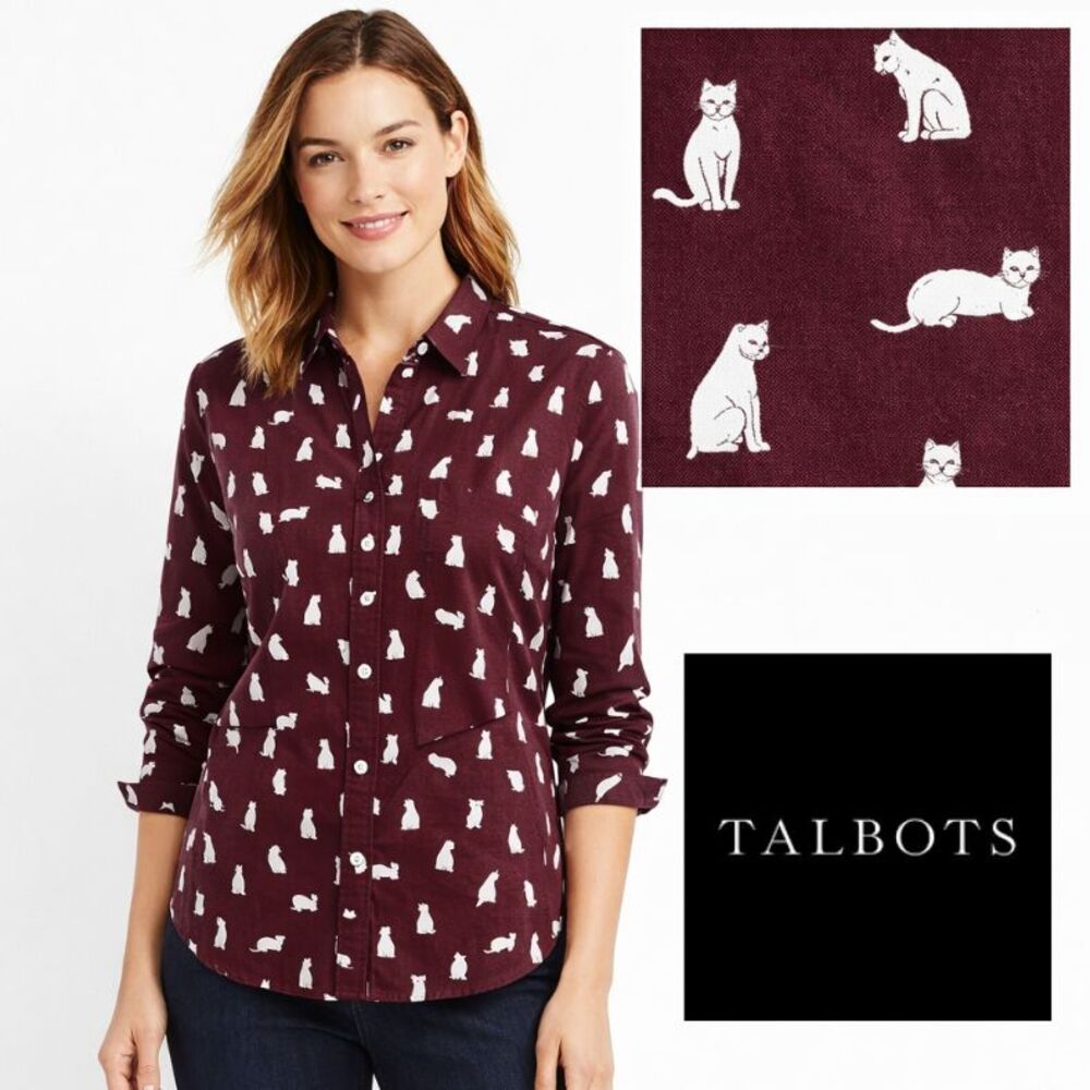 TALBOTS 100% Cotton Button Up Kitty Cat Shirt Womens Sz S Burgundy Allover Print